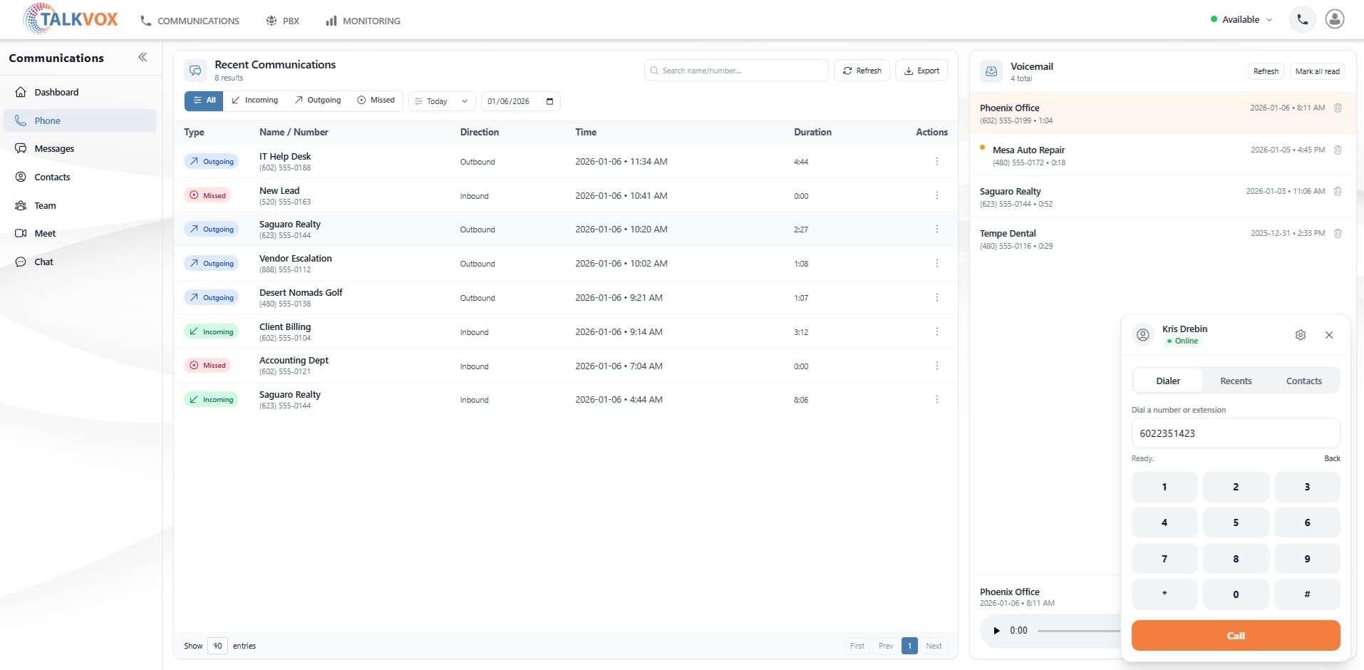 TALKVOX web softphone UI screenshot